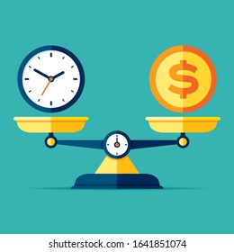 Time is money. Scales icon in flat style. Libra symbol, balance sign. Time management. Dollar and clock icons. Vector design elements for you business projects on color background