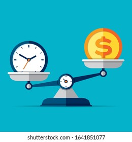 Time is money. Scales icon in flat style. Libra symbol, balance sign. Time management. Dollar and clock icons. Vector design elements for you business projects on color background