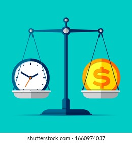 Time is money. Scales icon in flat style. Libra symbol, balance sign. Time management. Dollar and clock icons. Vector design elements for you business projects on color background