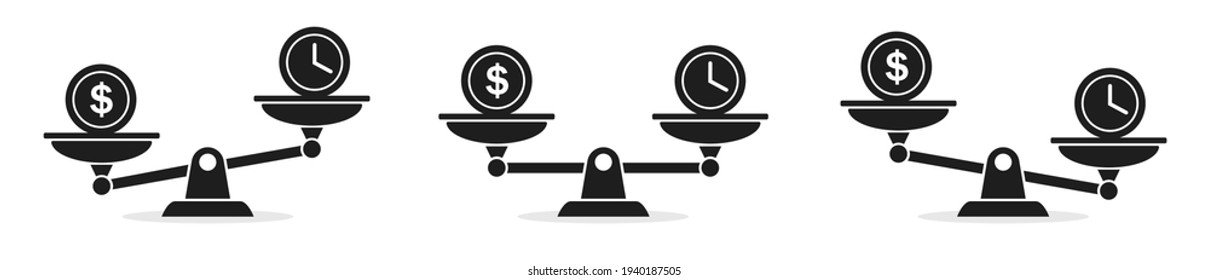 Time And Money Scales Icon Isolated. Money And Time Balance Concept. Weights With Clock Coin Icons Comparison. Vector Illustration.