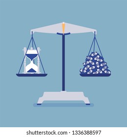 Time and money scales tool good balance. Metaphor of harmony, pleasant agreement of profit and life accord, equal weight of importance, motivation of choosing right lifestyle. Vector illustration