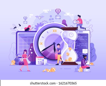 Time is money scene with office people developing business strategy application. Work timing management illustration with web developers team, calendar and clocks. Save your time concept.