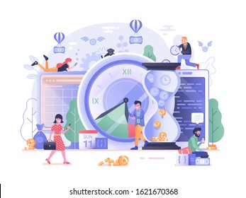 Time is money scene with office people developing business strategy application. Work timing management illustration with web developers team, calendar and clocks. Save your time concept.