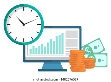 Time is money. Screen with data on isolated monitor with infochart and statistics. Time clock symbolizing deadlines, money coins and banknotes cash finances. Vector illustration in flat cartoon style