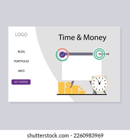 Time and money, strategy of developing business landing page. Vector time development and management, concept website template marketing illustration