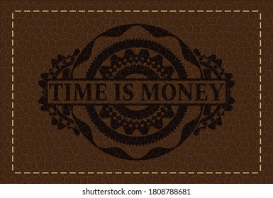 Time is money text inside leather emblem. Wallet classic background. Intense illustration. 