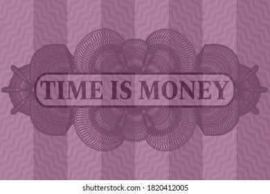 Time is money text inside Linear currency pink wavy realistic emblem. Curve handsome background. Intense illustration. 