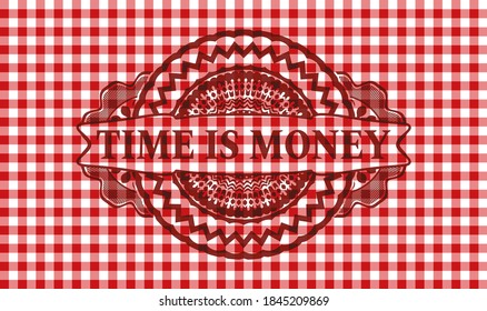 El tiempo es el dinero dentro del emblema realista del mantel de cuadros rojos. Restaurante de delicado ambiente. Ilustración artística. 