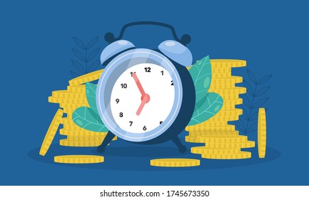 Time Is Money And Value. Clock With Stack Of Coins Gold. Management Income. Flat Design Concept Vector Illustration