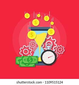 Time is money vector flat illustration icon logo. Work hour return back pension. Dollar management multiply currency internship. Cash capitalization percentage tracking.Superannuation value timer pay