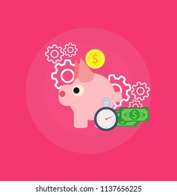 Time is money vector flat illustration icon logo. Work hour return back pension. Dollar management multiply currency internship. Cash capitalization percentage tracking. Superannuation value timer pay