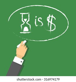 Time is money: vector flat illustration for business. Infographics on a green board and hand with a chalk.