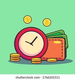 Time Money Vector Icon Illustration. Clock, Wallet, Dollar, And Stack of Coins, Business Icon Concept White Isolated. Flat Cartoon Style Suitable for Web Landing Page, Banner, Sticker, Background