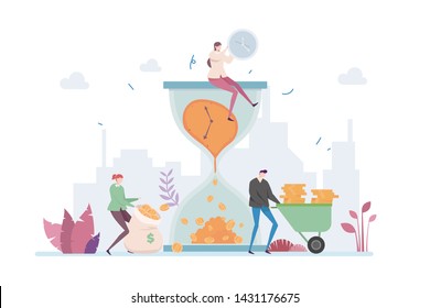 Time Is Money Vector Illustration Concept Showing Sand Time Deadline To Achieve Profit, Suitable for landing page, ui, web, app intro card, editorial, flyer, and banner.