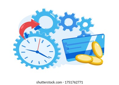 Time is money vector illustration. Financial performance. Value of time. Clock, credit card and golden coins flat style concept. Isolated on white background