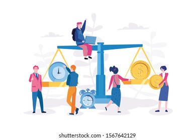 Time is money.  Vector illustration for web banner, infographics, mobile. business concept. Long term financial investment idea with clock and golden coins and office workers, business people. 