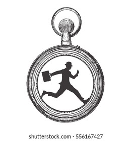 Time is money. Vector logo design template. Business or success icon. Silhouette illustration of a businessman running with a briefcase and old pocket watch. Retro vintage lineart, engraving style