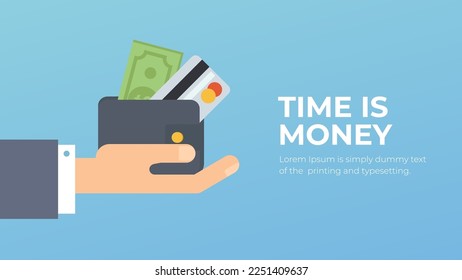 Time is money. Wallet in hand with credit card and money, hand holding purse with bills, flat vector cartoon illustration, financial concept.