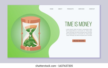Time Is Money Website Vector Template. Dollars Bank Notes In Sand Clock. Saving Money And Time Concept For Landing Or Web Page. Banking Service And Finance.