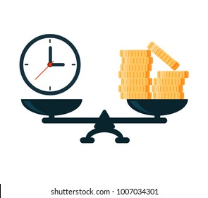 Time is money. Weights with clock and money coins. Vector illustration.
