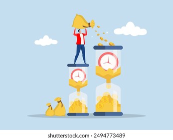 Time is money,businessman on alarm clock put more dollar coin money to increase his savings.long term investment return, retirement pension fund concept, clock,