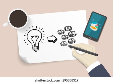 time is money(light bulb and coin) drawn by hand on a white paper