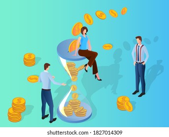 Time is money.People on the background of an hourglass with money and coins lying inside.The concept of time management and financial control.A successful financial investment.