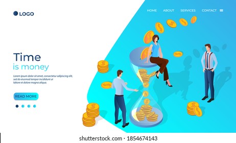 Time is money.People on the background of an hourglass with money and coins lying inside.The concept of time management and financial control.A successful financial investment.Isometric vector 