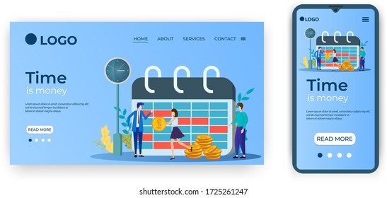 El tiempo es dinero.Plantilla para la interfaz de usuario de la página principal del sitio.Plantilla de página de inicio.Diseño adaptable de la ilustración smartphone.vector.