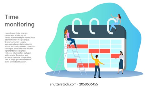Time monitoring.People on the background of a large calendar are engaged in time management.Poster in business style.Vector illustration.