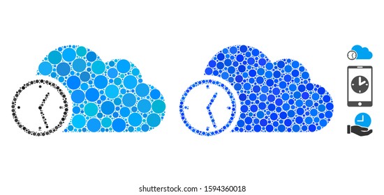 Time mosaic of filled circles in different sizes and shades, based on time icon. Vector filled circles are organized into blue collage. Dotted time icon in usual and blue versions.