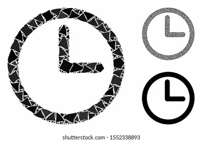 Time mosaic of joggly elements in various sizes and color tones, based on time icon. Vector unequal elements are united into collage. Time icons collage with dotted pattern.