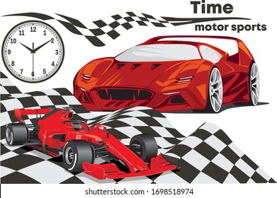 Time Motorsport-racing car and supercar. Vector illustration of sports car, luxury car, the dial of the watch, and a sports flag.