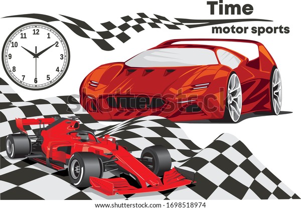 Time Motorsport-racing car and supercar. Vector\
illustration of sports car, luxury car, the dial of the watch, and\
a sports flag.