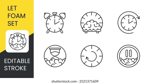 Time for the mounting foam to harden, let the foam harden, set of line icons vector with editable stroke.
