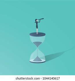 Time is up movement with woman standing on top of sand clock or hourglass with telescope. Symbol of future for women, vision. eps10 vector illustration.