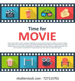 Time for movie background poster. Outdoor or indoor film screening, online video entertainment. Vector flat style cartoon illustration isolated on white background