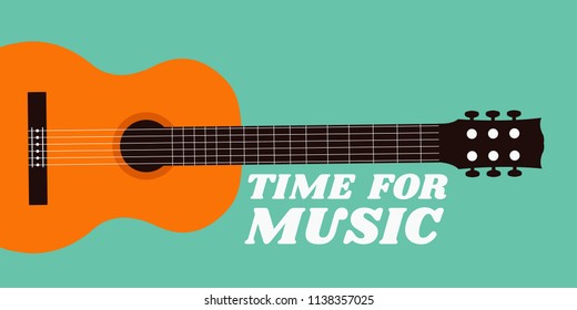 time for music text & beautiful classical or classic cover guitar. retro vintage flat design isolated musical background. realistic creative acoustic wooden, wood old guitar vector cartoon concept.