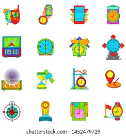 Time navigation icons set. Cartoon set of 16 time navigation vector icons for web isolated on white background