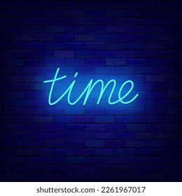 Time neon lettering word. Continuous word on brick wall. Holiday marketing. Glowing emblem on brick wall. One line drawing. Vector stock illustration