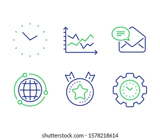 Time, New mail and Diagram chart line icons set. Globe, Ranking star and Time management signs. Clock, Received e-mail, Presentation graph. Internet world. Education set. Vector