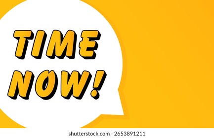 Time Now-Sprechblase. Fette Umrisse, Comic-Stil, lebendiger Hintergrund, Dialogelement, visuelle Kommunikation, Ankündigungslayout, Nachrichtenhervorhebung, Vorlage für Interaktion.