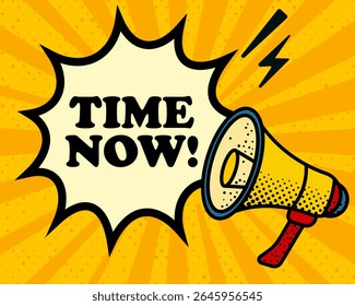Tempo agora balão de fala. Megafone, relâmpago, estouro da fala, linhas de som, estilo pop art, alto-falante, falar em público, fundo amarelo, expressão, voz, alerta, transmissão