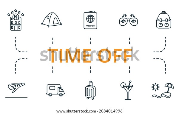 Time Off\
icon set. Collection of simple elements such as the passport,\
airplane, sunglasses, backpack, camp car,\
tent.