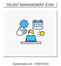 Time off management color icon. Rational time distribution. Schedule, calendar. Employee works on laptop.Talent management concept. Isolated vector illustration