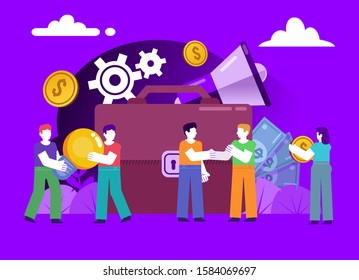 Time or office work management, business deal. Group of people stand near big business case. Poster for social media, web page, banner, presentation. Flat design vector illustration