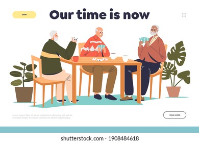 Time For Older Concept Of Landing Page With Group Of Senior Men Together At Table Playing Cards, Bridge Or Poker. Happy Entertainment After Retirement. Cartoon Flat Vector Illustration