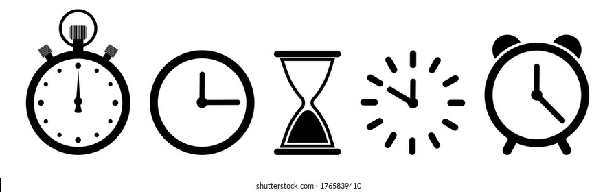 Time on clock. Icons timer. Hour in sand watch. Hourglass, alarm and stopwatch in line style. Date in circle. Set of symbol 24 hour. Simple graphic sign of deadline. Concept of countdown. Vector.