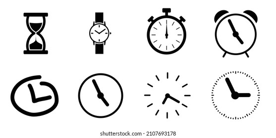 Time On Clock. Timer Alarm Icon Os Symbol. Hour In Sand Watch, Stop Watch, Hourglass, Wekker And Chronometer, Set Of Symbol 24 Hour.  Vector Analog, Digital Pictogram. Cartoon Deadline. Snooze Symbol.