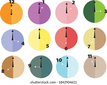 Time on colourful wall clocks icon set
